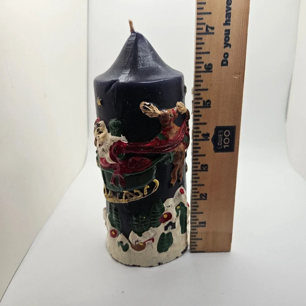 Vintage Hand Decorated Christmas Pillar Candle Santa Reindeer Moon Carved Wax 7